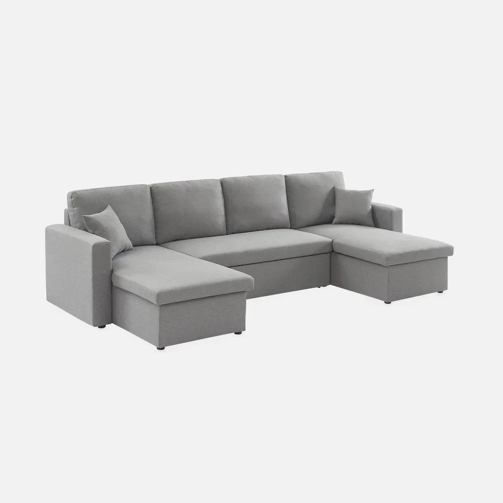 Dunkelgraues 4-Sitzer Ecksofa mit Schlaffunktion, Panorama-Design und Stauraum