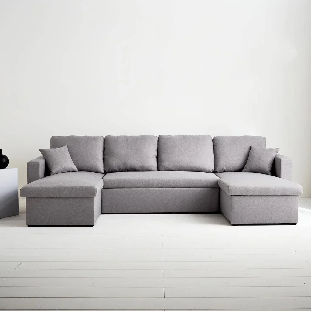 Dunkelgraues 4-Sitzer Ecksofa mit Schlaffunktion, Panorama-Design und Stauraum