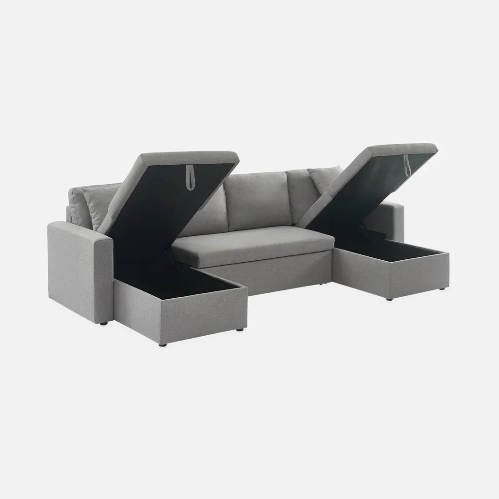 Dunkelgraues 4-Sitzer Ecksofa mit Schlaffunktion, Panorama-Design und Stauraum