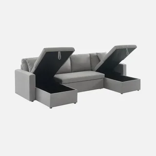 Dunkelgraues 4-Sitzer Ecksofa mit Schlaffunktion, Panorama-Design und Stauraum