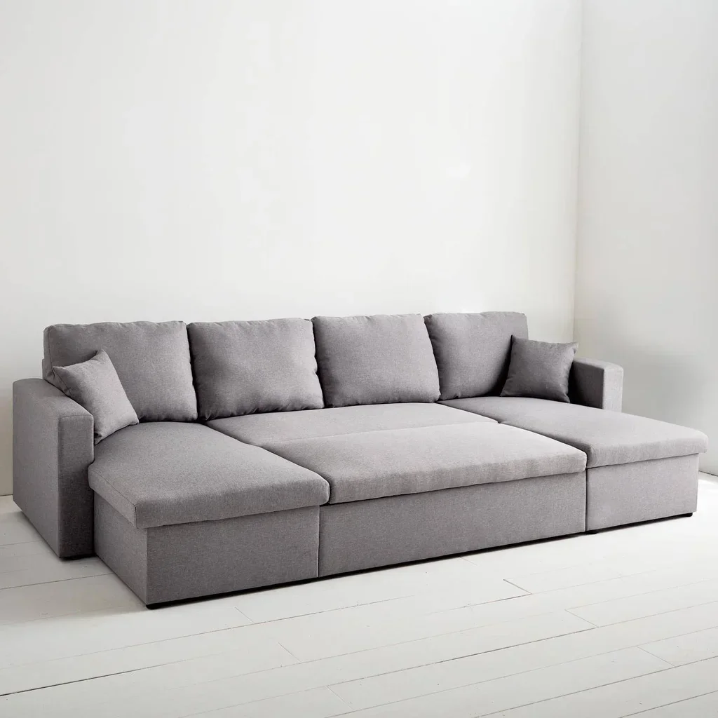Dunkelgraues 4-Sitzer Ecksofa mit Schlaffunktion, Panorama-Design und Stauraum
