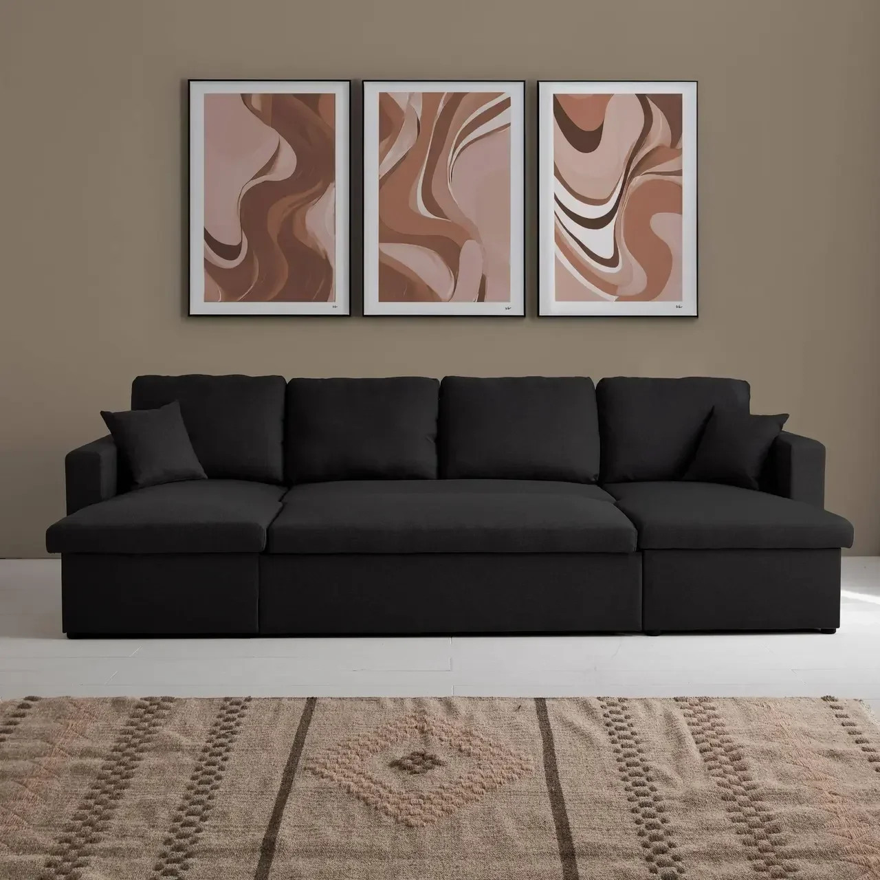 Dunkelgraues Ecksofa mit Schlaffunktion 4-Sitzer mit Recamieren und Stauraumtruhen - Urban Kollektion