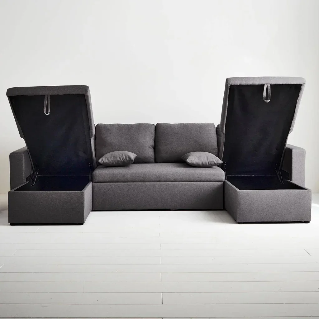 Dunkelgraues Stoff-Ecksofa mit Schlaffunktion 4-Sitzer mit Stauraum