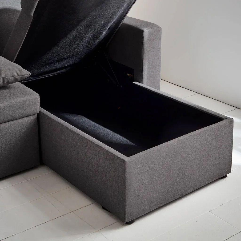 Dunkelgraues Stoff-Ecksofa mit Schlaffunktion 4-Sitzer mit Stauraum