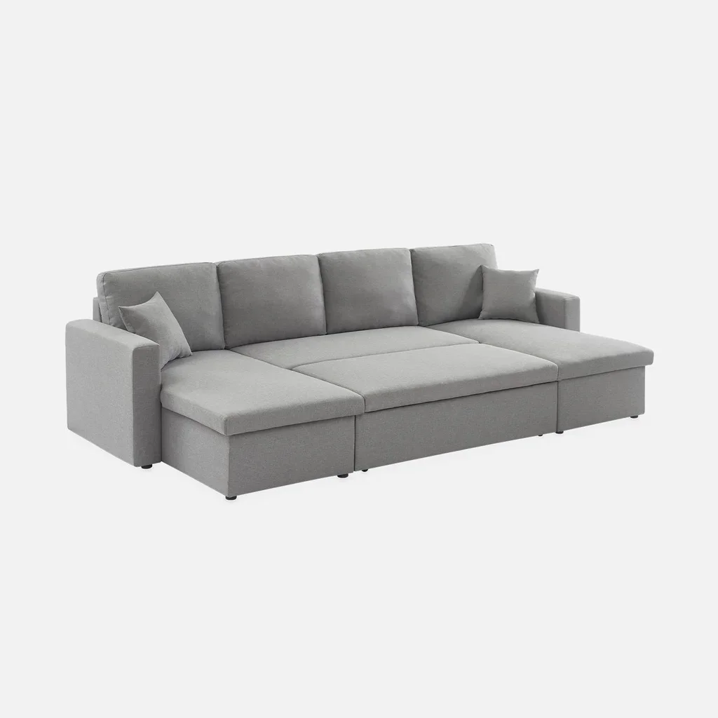 Dunkelgraues 4-Sitzer Ecksofa mit Schlaffunktion, Panorama-Design und Stauraum