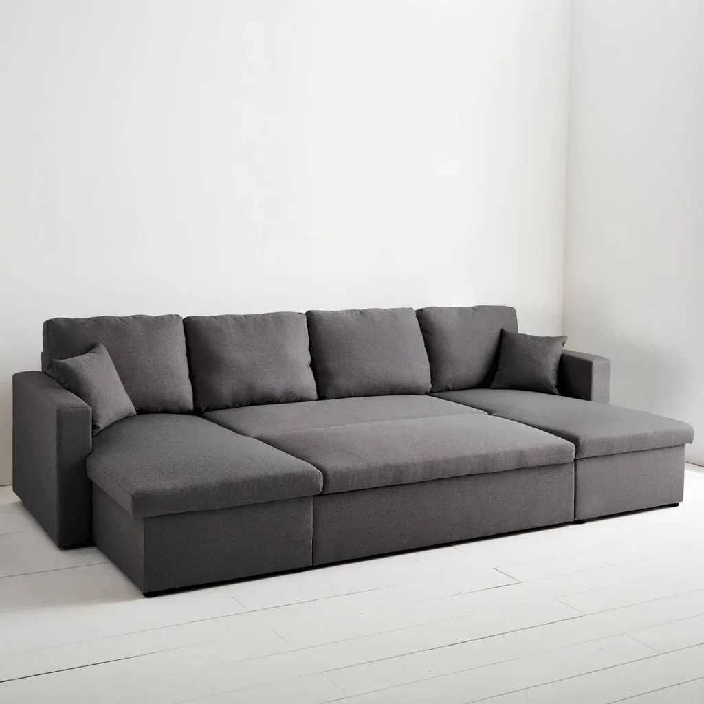 Dunkelgraues Stoff-Ecksofa mit Schlaffunktion 4-Sitzer mit Stauraum