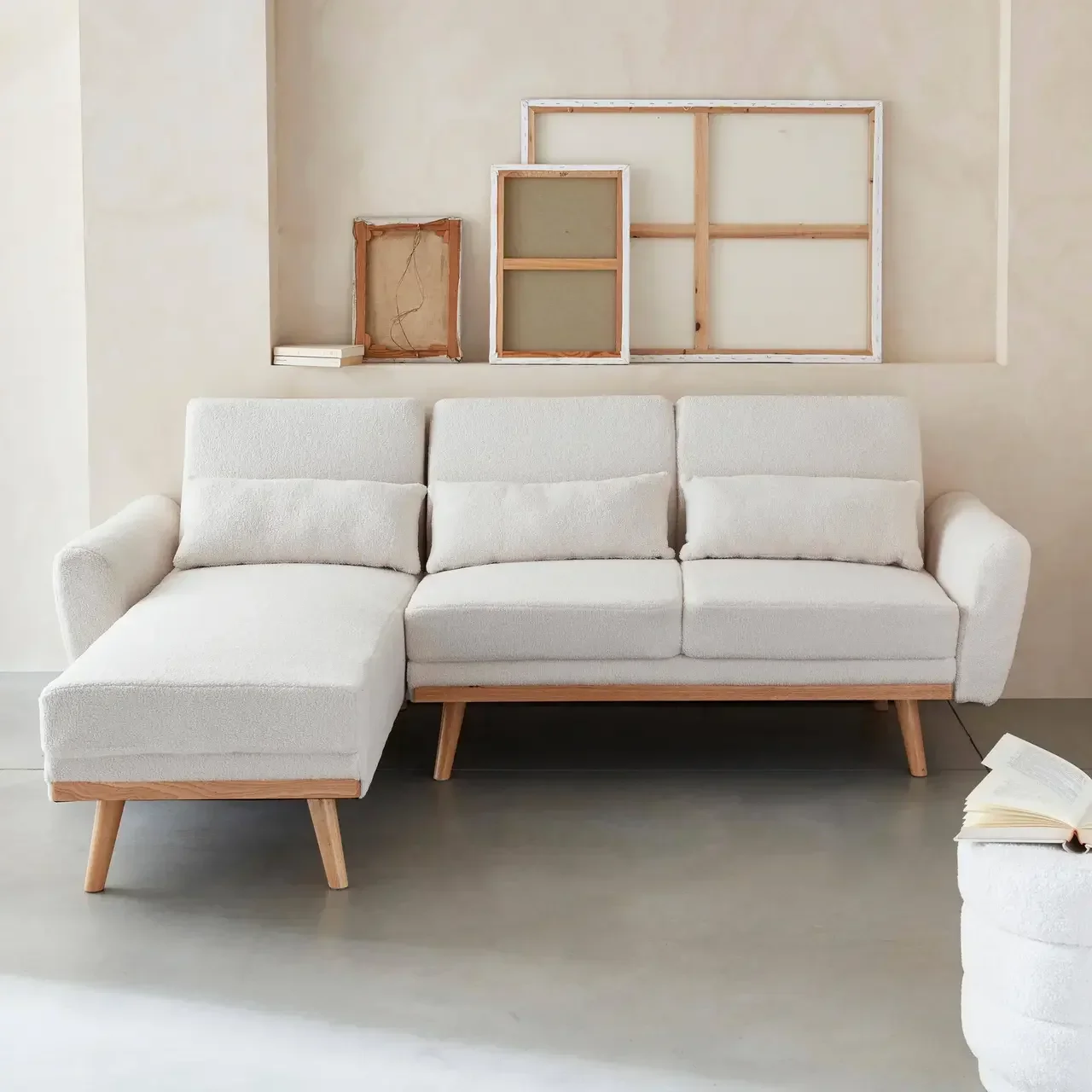 Canapé d'angle convertible réversible 3 places bouclette Oskar beige