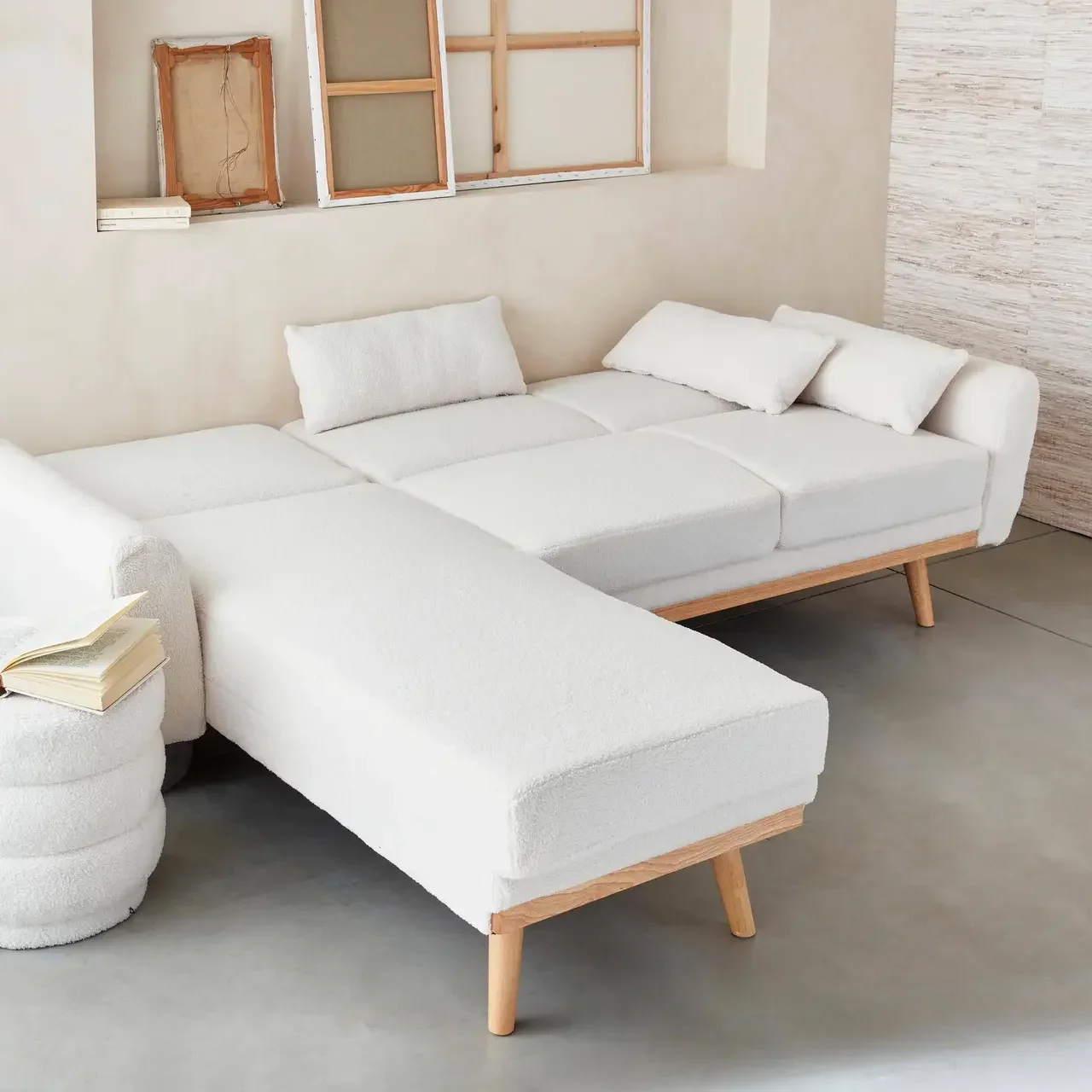 Canapé d'angle convertible réversible 3 places bouclette Oskar beige