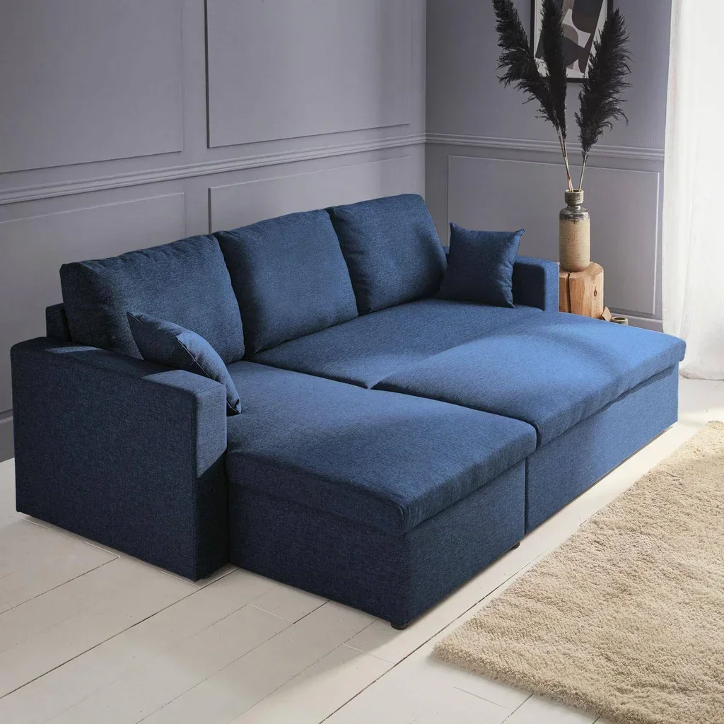 Sofá Cama Esquinero Reversible 3 Plazas Tela Gris con Almacenamiento