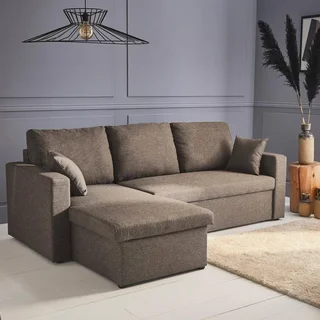 Sofá Cama Esquinero Convertible Reversible 3 Plazas Tela Gris con Almacenamiento - Modelo Ida