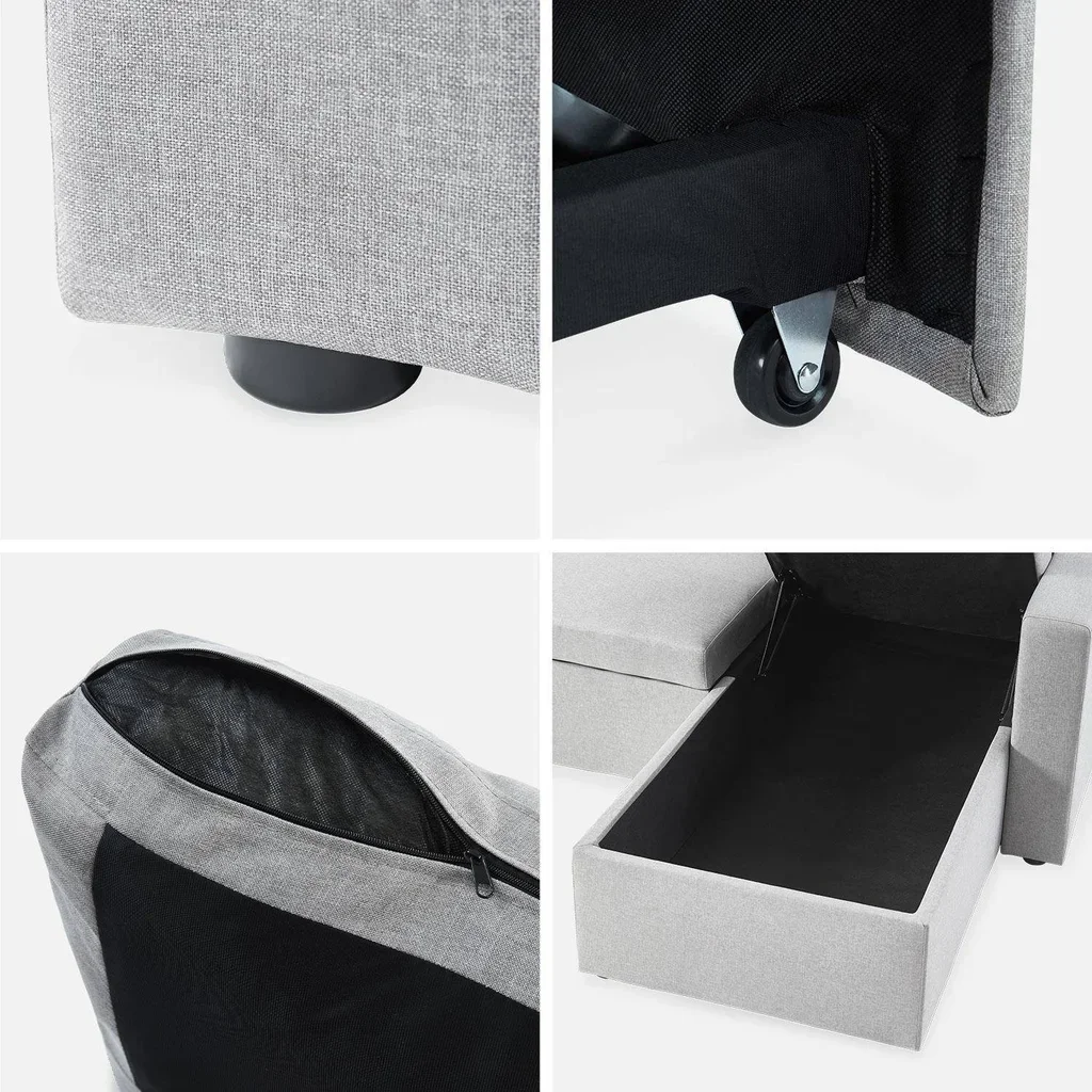 Sofá Cama Esquinero Reversible 3 Plazas Tela Gris con Almacenamiento