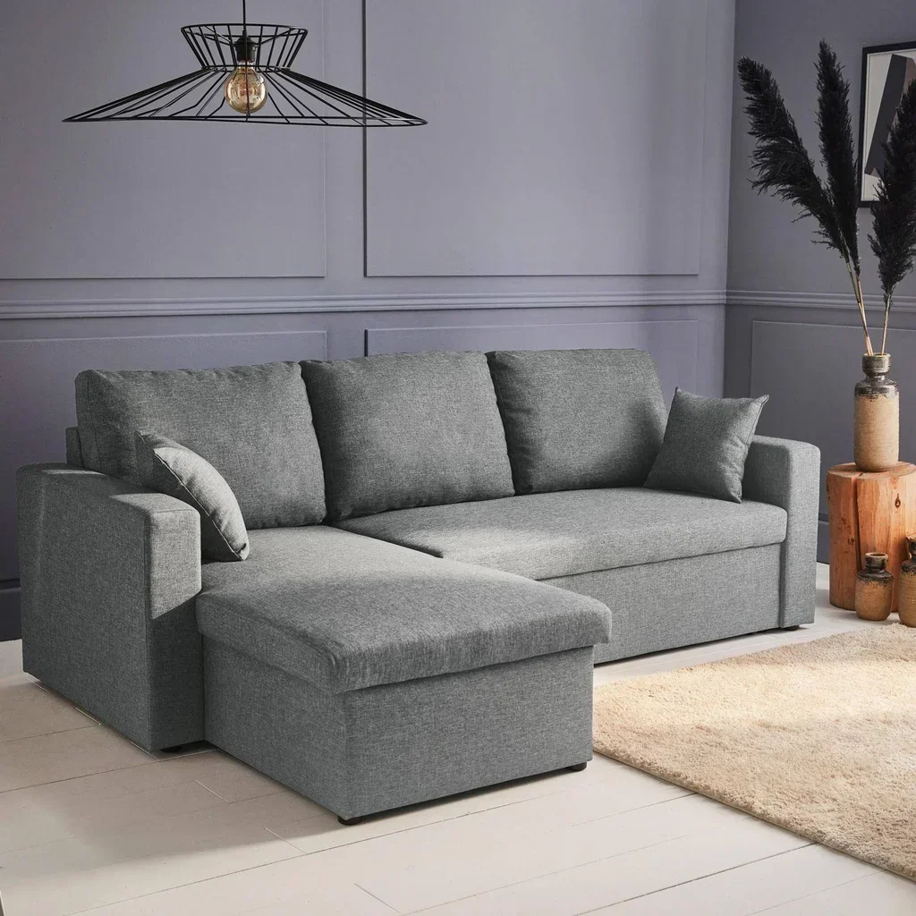 Sofá Cama Esquinero Reversible 3 Plazas Tela Gris con Almacenamiento