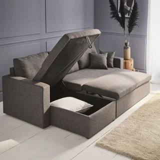 Sofá cama esquinero reversible 3 plazas gris con almacenamiento