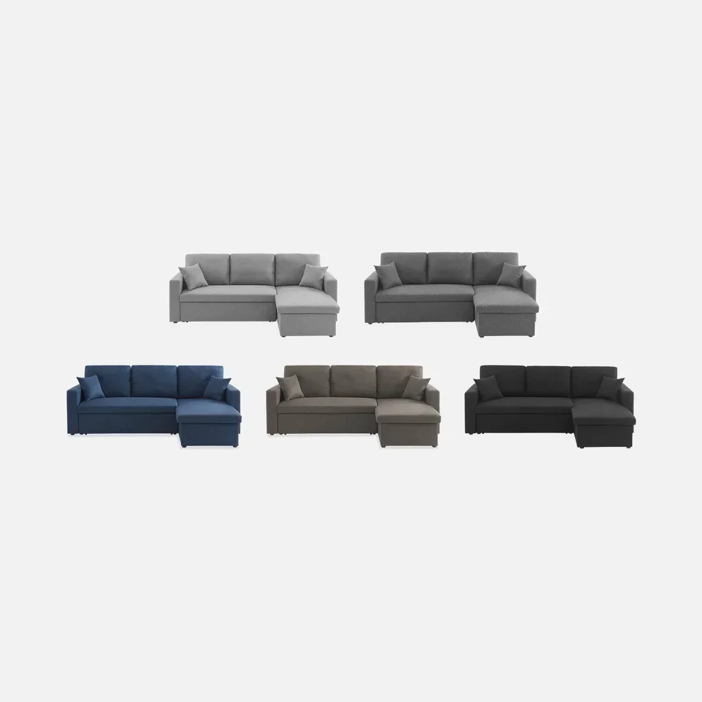 Sofá cama esquinero reversible de 3 plazas gris con almacenamiento y cajón cama