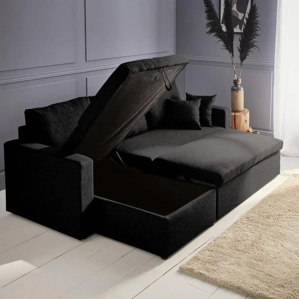 Sofá cama esquinero reversible de 3 plazas gris con almacenamiento y cajón cama