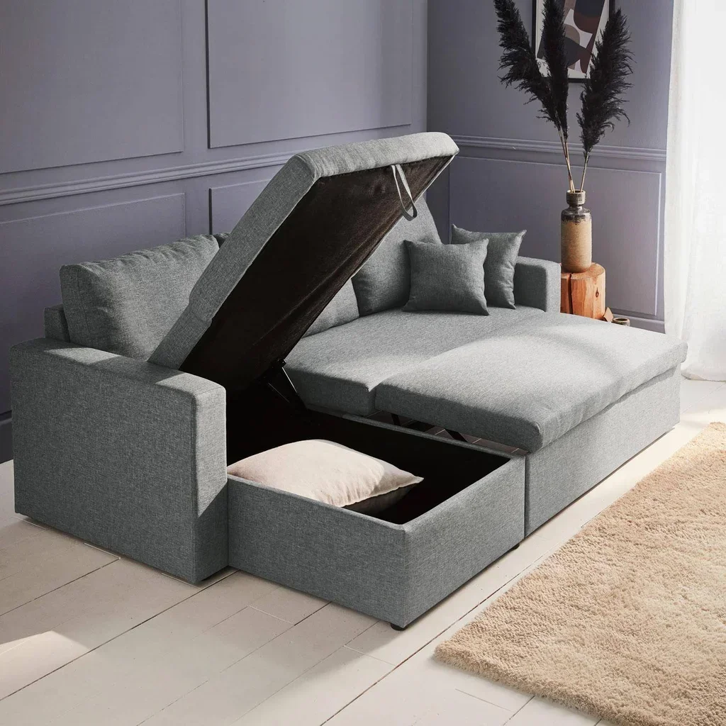 Sofá Cama Esquinero Reversible 3 Plazas Tela Gris con Almacenamiento