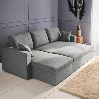 Sofá Cama Esquinero Reversible 3 Plazas Tela Gris con Almacenamiento