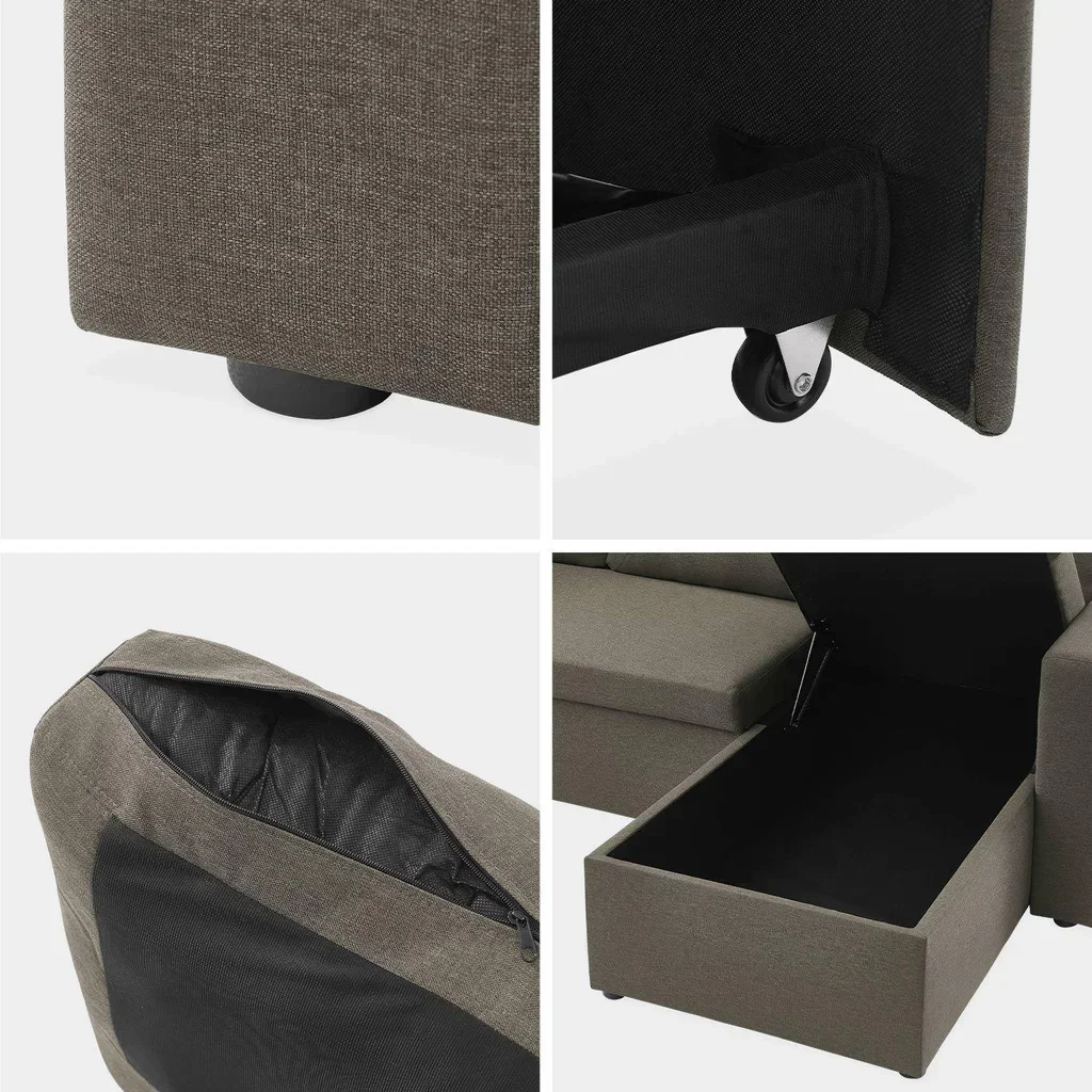 Sofá Cama Esquinero Convertible Reversible 3 Plazas Tela Gris con Almacenamiento - Modelo Ida