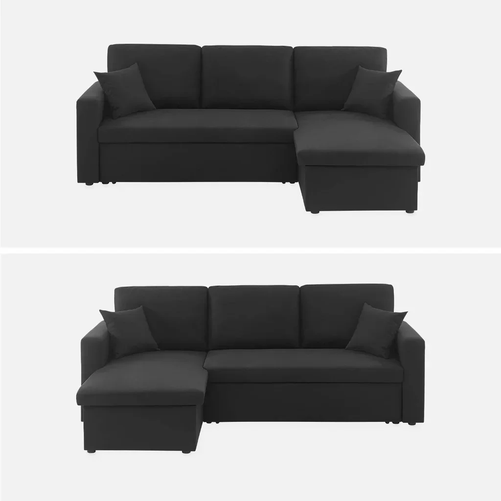 Sofá cama esquinero reversible de 3 plazas gris con almacenamiento y cajón cama