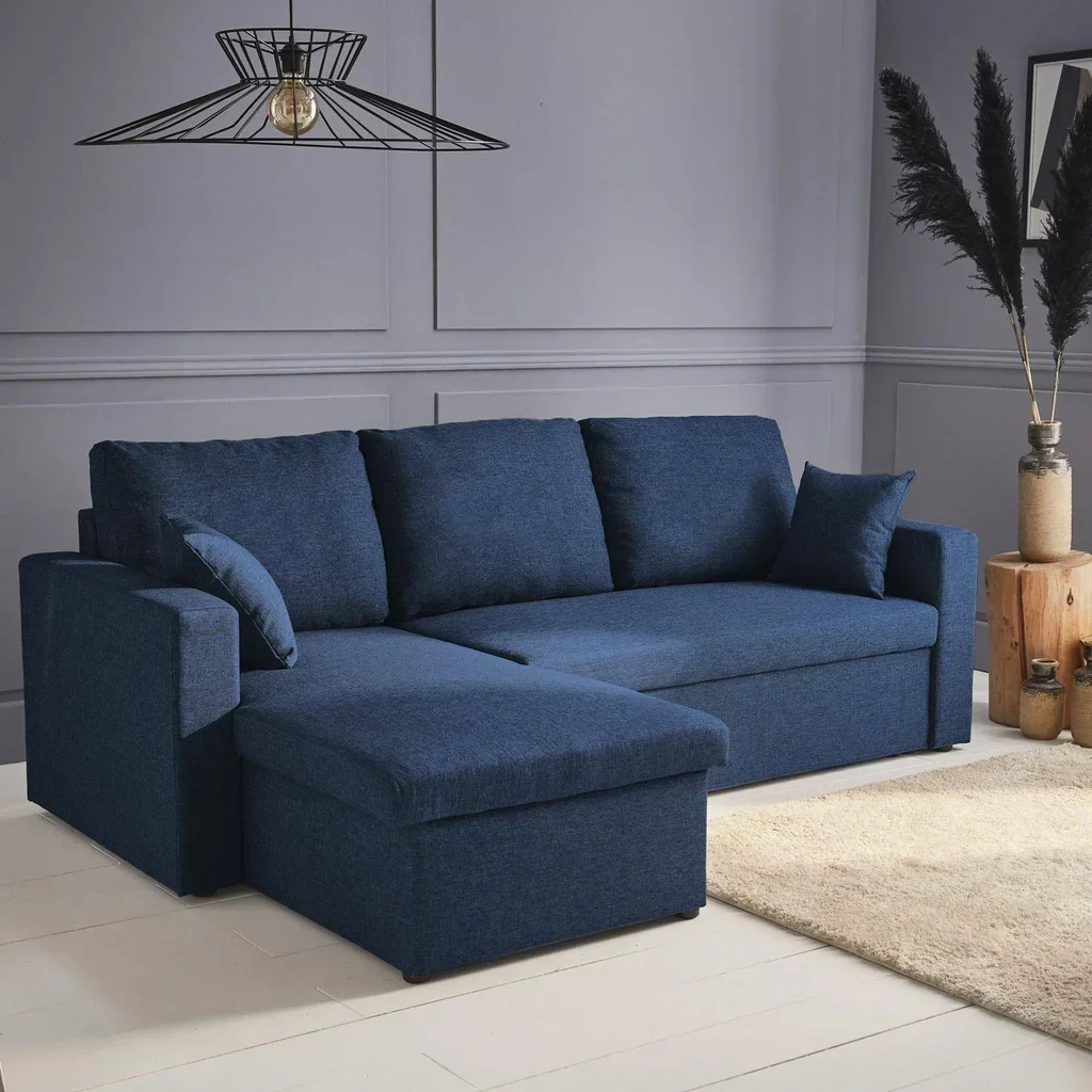 Sofá Cama Esquinero Reversible 3 Plazas Tela Gris con Almacenamiento