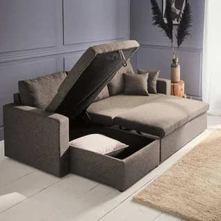 Sofá Cama Esquinero Convertible Reversible 3 Plazas Tela Gris con Almacenamiento - Modelo Ida