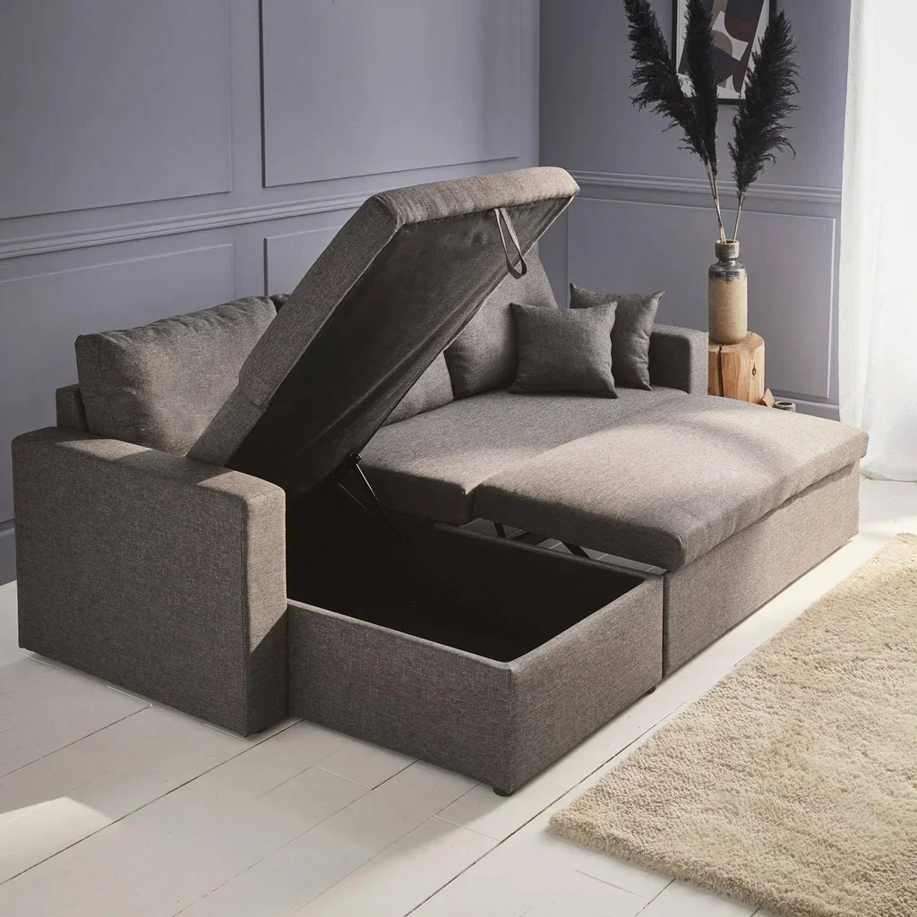 Sofá cama esquinero reversible 3 plazas gris con almacenamiento