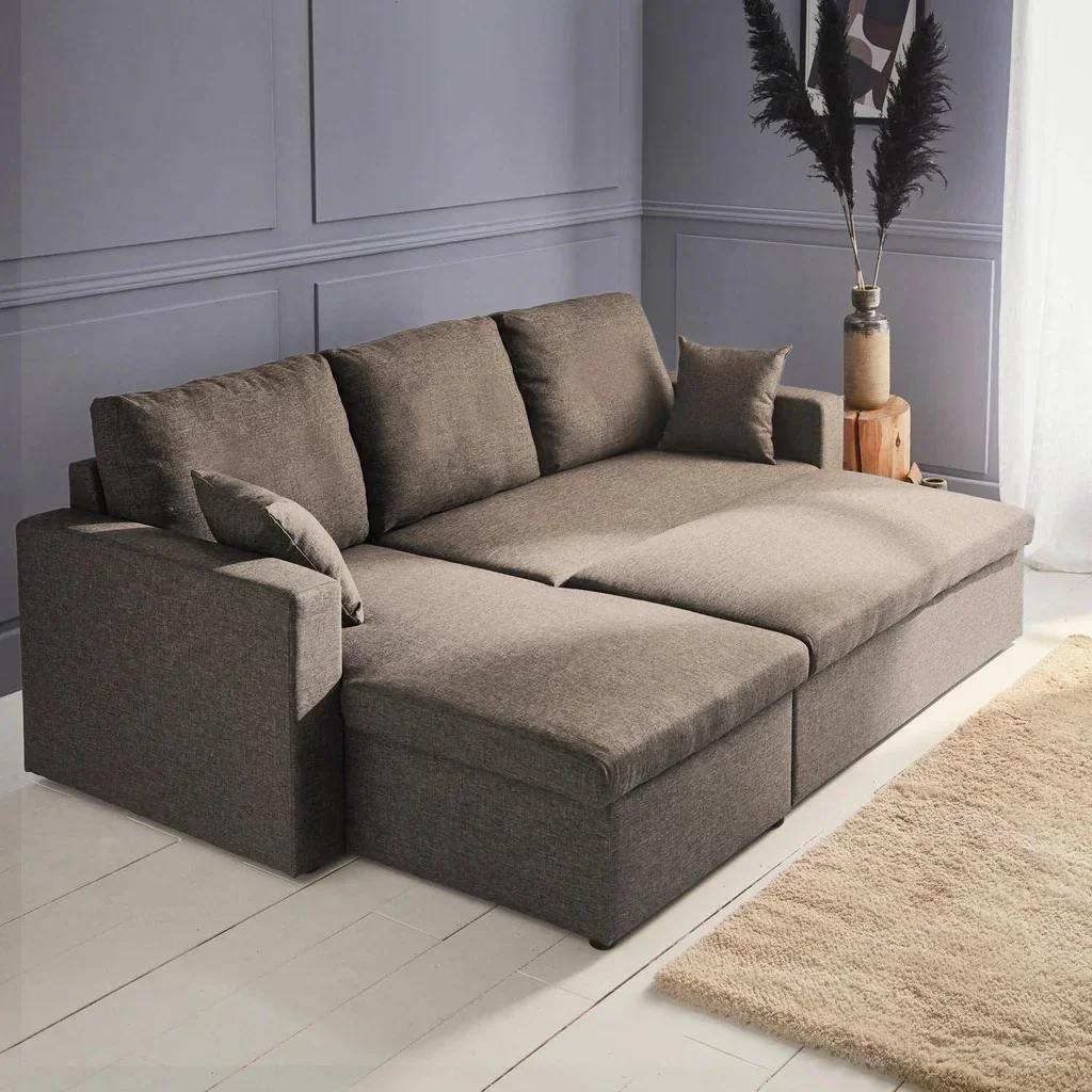 Sofá Cama Esquinero Convertible Reversible 3 Plazas Tela Gris con Almacenamiento - Modelo Ida