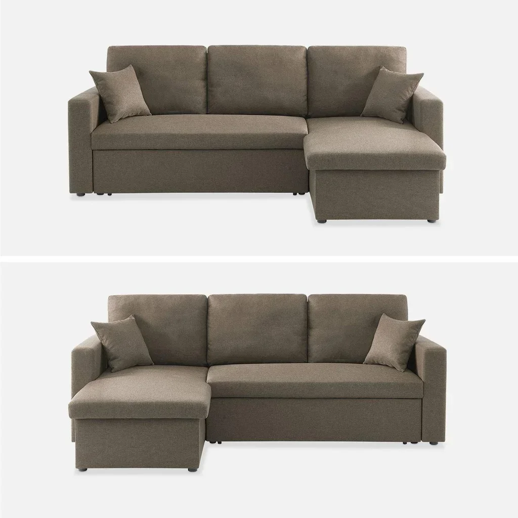 Sofá Cama Esquinero Convertible Reversible 3 Plazas Tela Gris con Almacenamiento - Modelo Ida