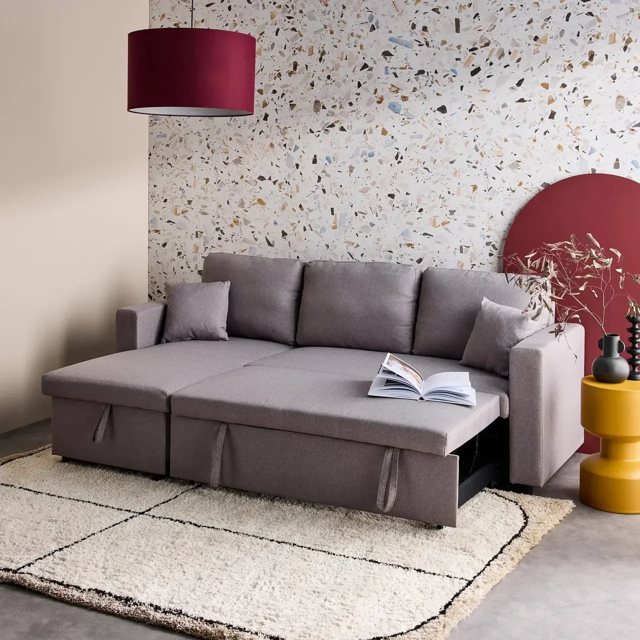 Dark grey reversible corner sofa bed 3 seater with storage ottoman - convertible couch with chaise lounge and storage compartment