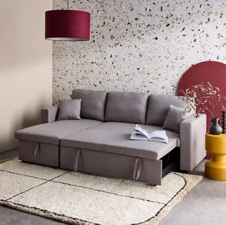 Dark grey reversible corner sofa bed 3 seater with storage ottoman - convertible couch with chaise lounge and storage compartment