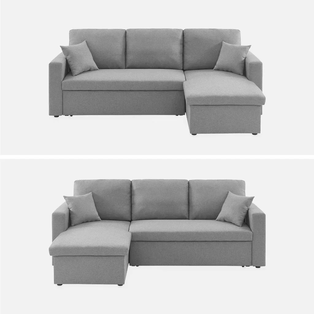 Dark grey reversible corner sofa bed 3 seater with storage ottoman - convertible couch with chaise lounge and storage compartment