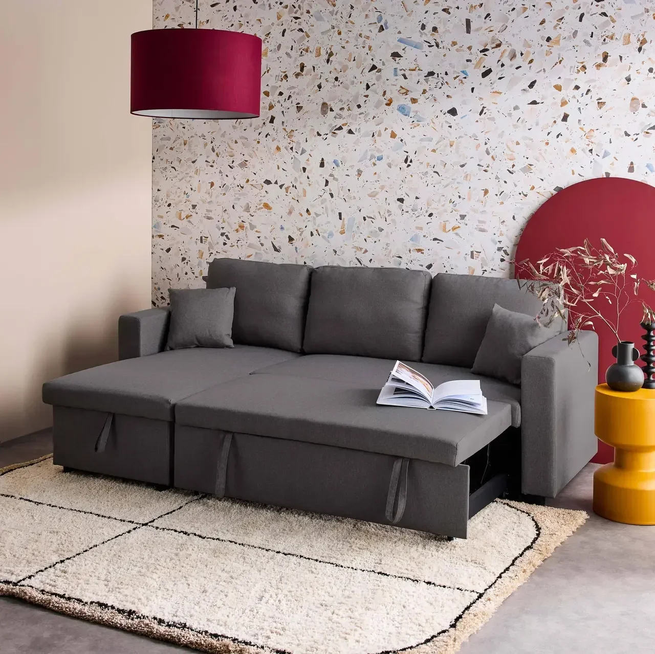 Canapé d'angle convertible réversible 3 places gris foncé avec rangement