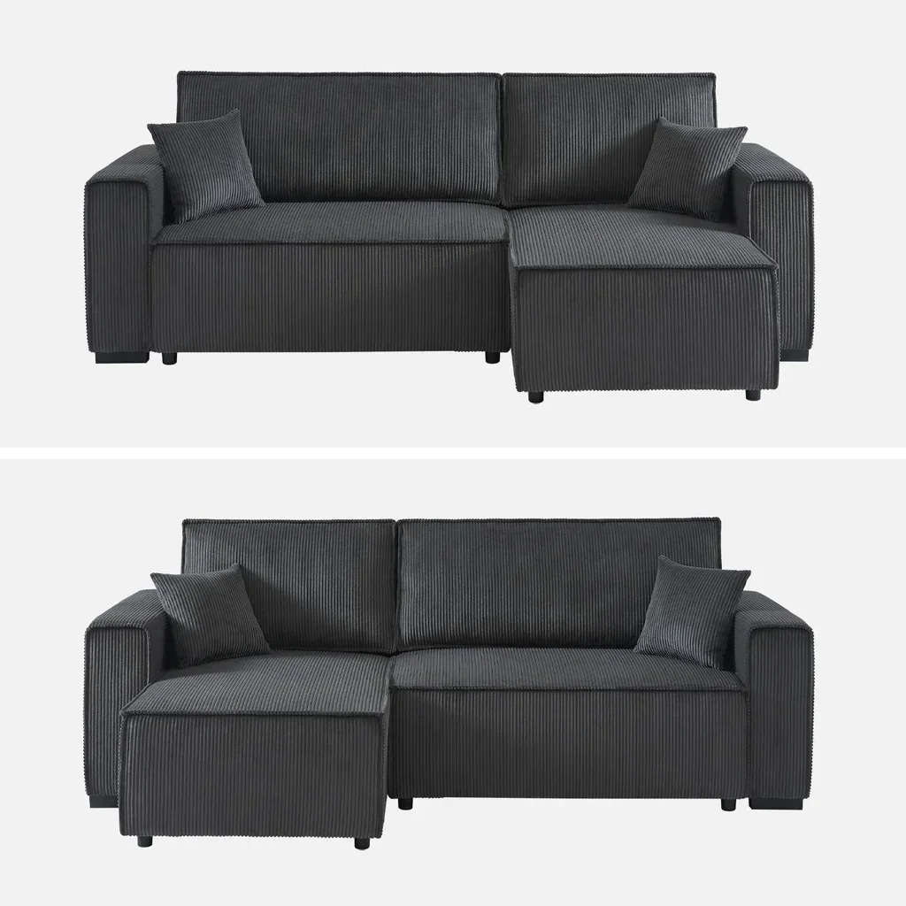 Dunkelgraues Cord-Samt Ecksofa mit Schlaffunktion 3-Sitzer Wendehocker