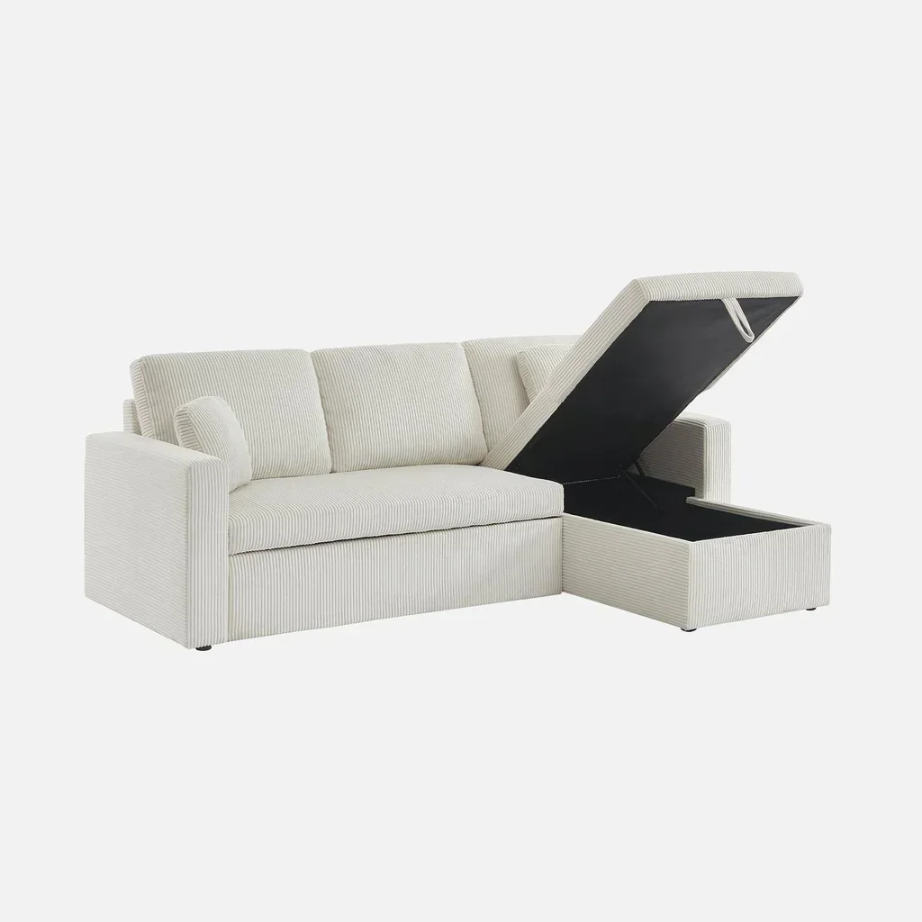 Samt-Cord-Ecksofa Schlafsofa greige 3-Sitzer wendbar mit Stauraum