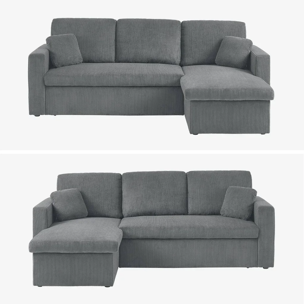 Ecksofa mit Schlaffunktion 3-Sitzer Cord Samt Greige mit Bettkasten Wohnlandschaft