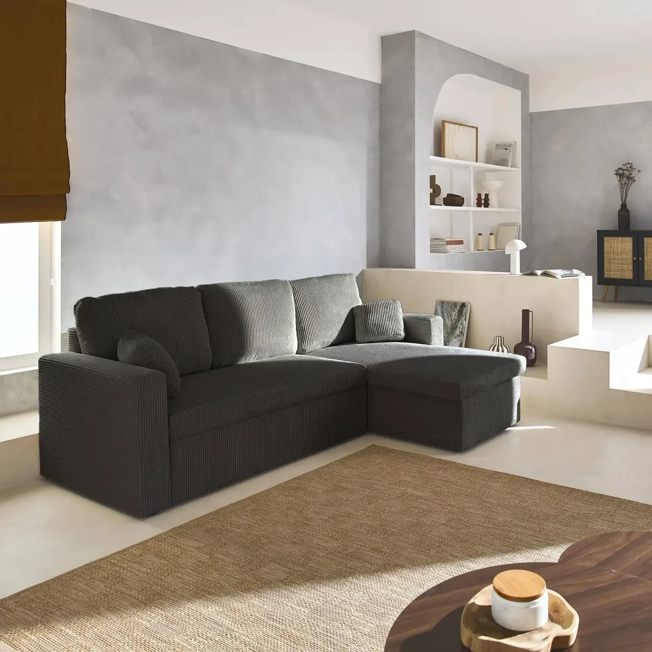 Ecksofa mit Schlaffunktion 3-Sitzer Cord Samt Greige mit Bettkasten Wohnlandschaft