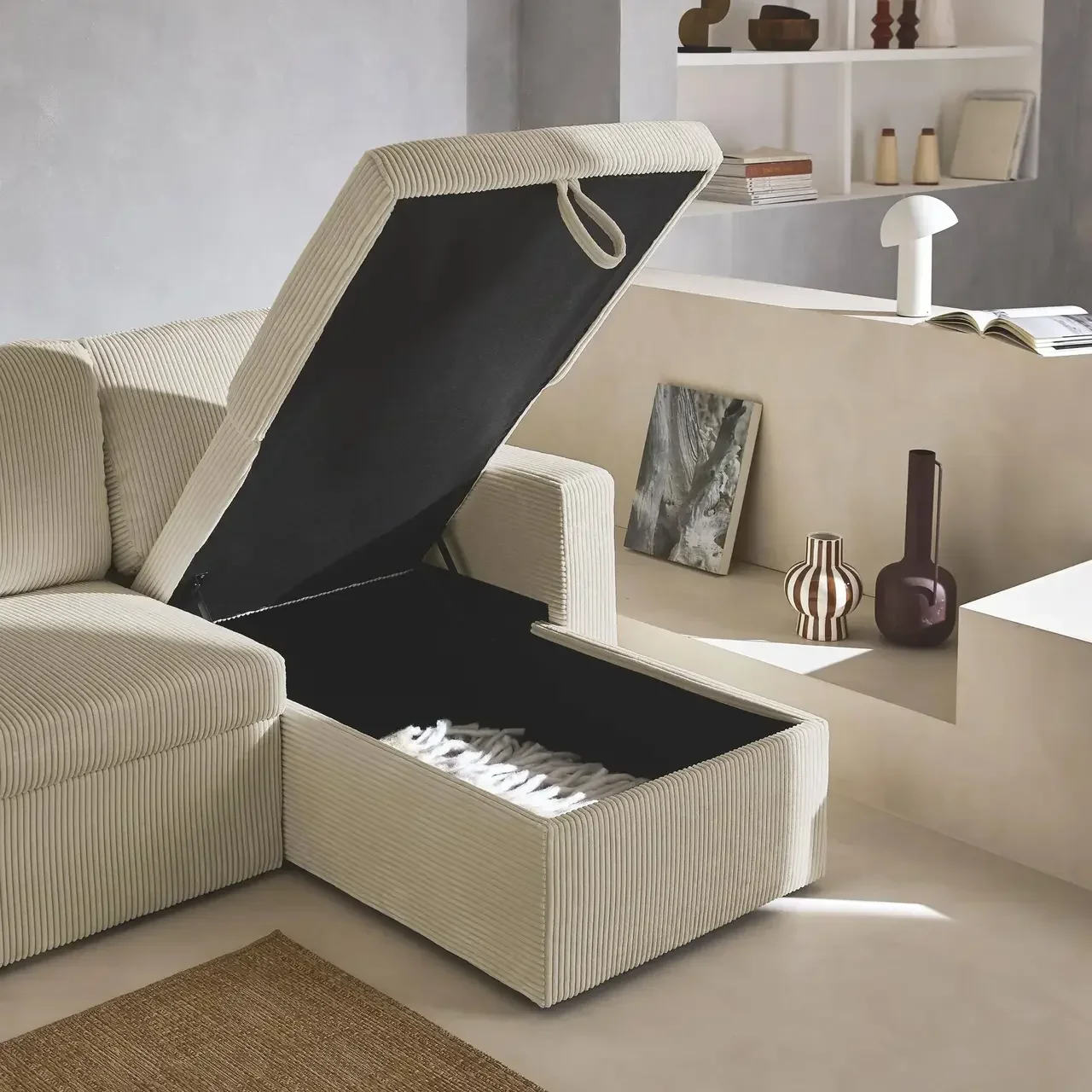 Wandelbares Ecksofa Cord Samt Greige Ida - Umkehrbare Schlafcouch L-Form