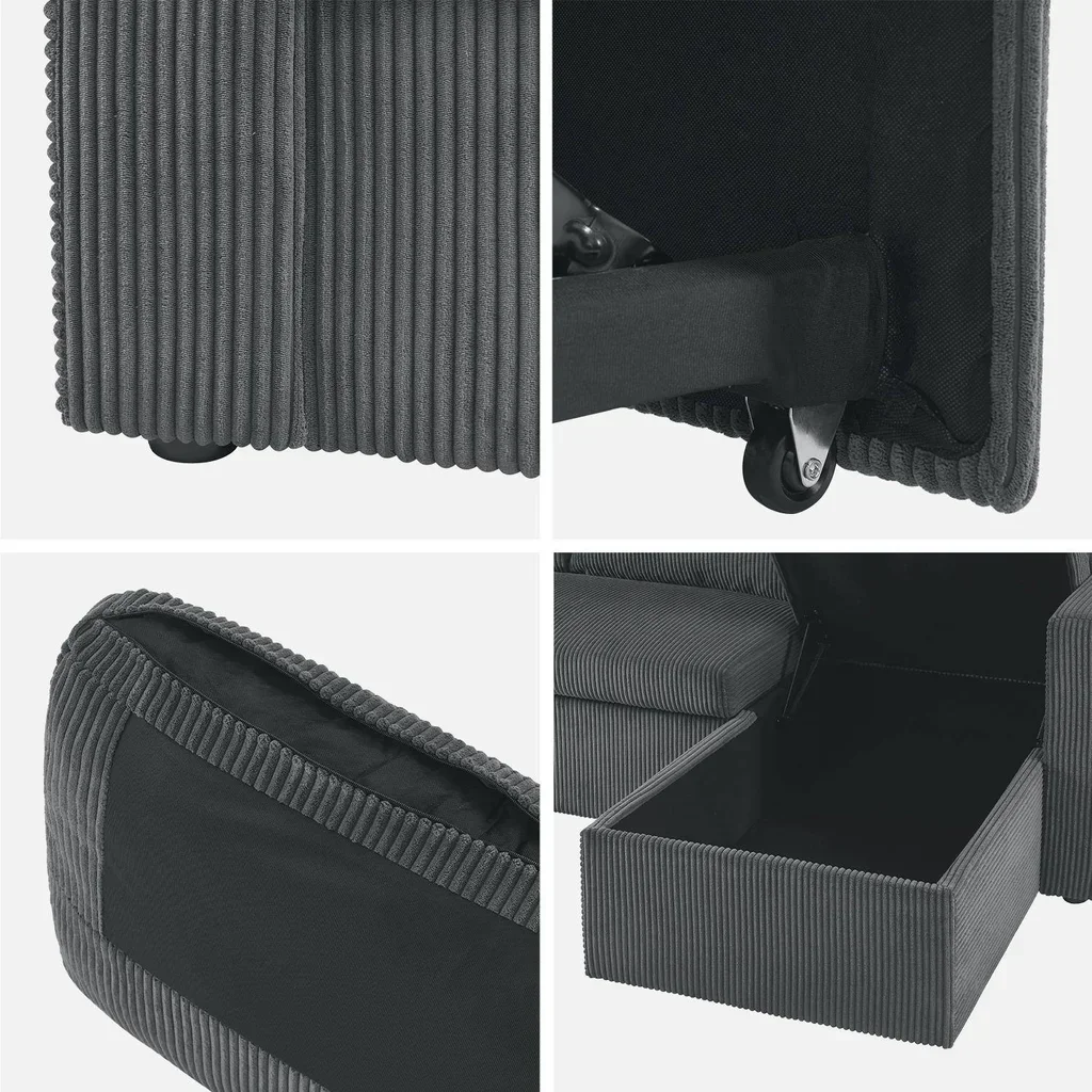 Ecksofa mit Schlaffunktion 3-Sitzer Cord Samt Greige mit Bettkasten Wohnlandschaft