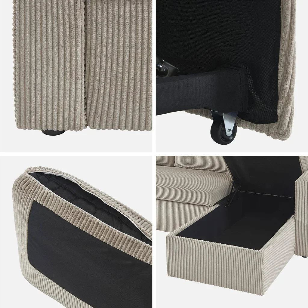 Wandelbares Ecksofa Cord Samt Greige Ida - Umkehrbare Schlafcouch L-Form