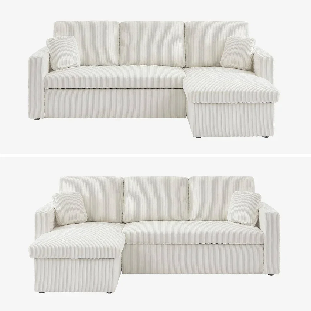 Samt-Cord-Ecksofa Schlafsofa greige 3-Sitzer wendbar mit Stauraum