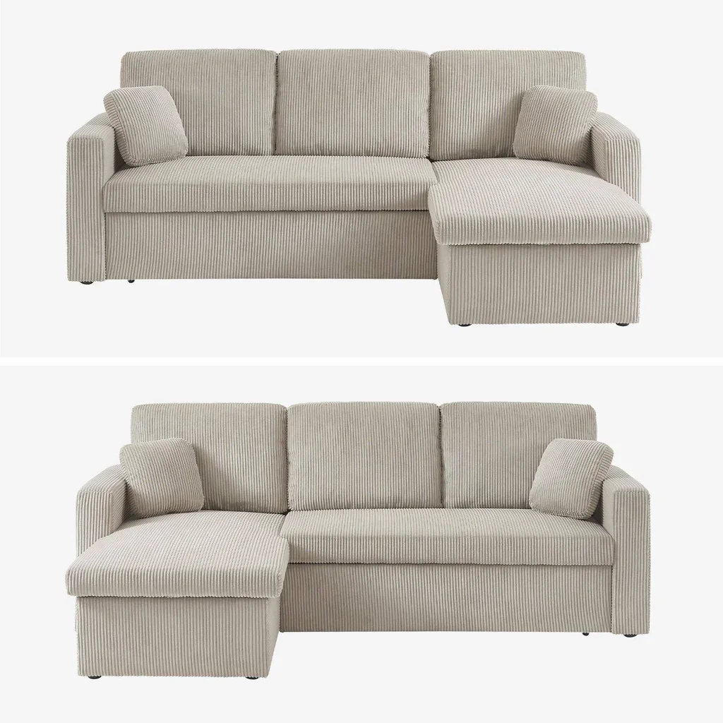 Wandelbares Ecksofa Cord Samt Greige Ida - Umkehrbare Schlafcouch L-Form