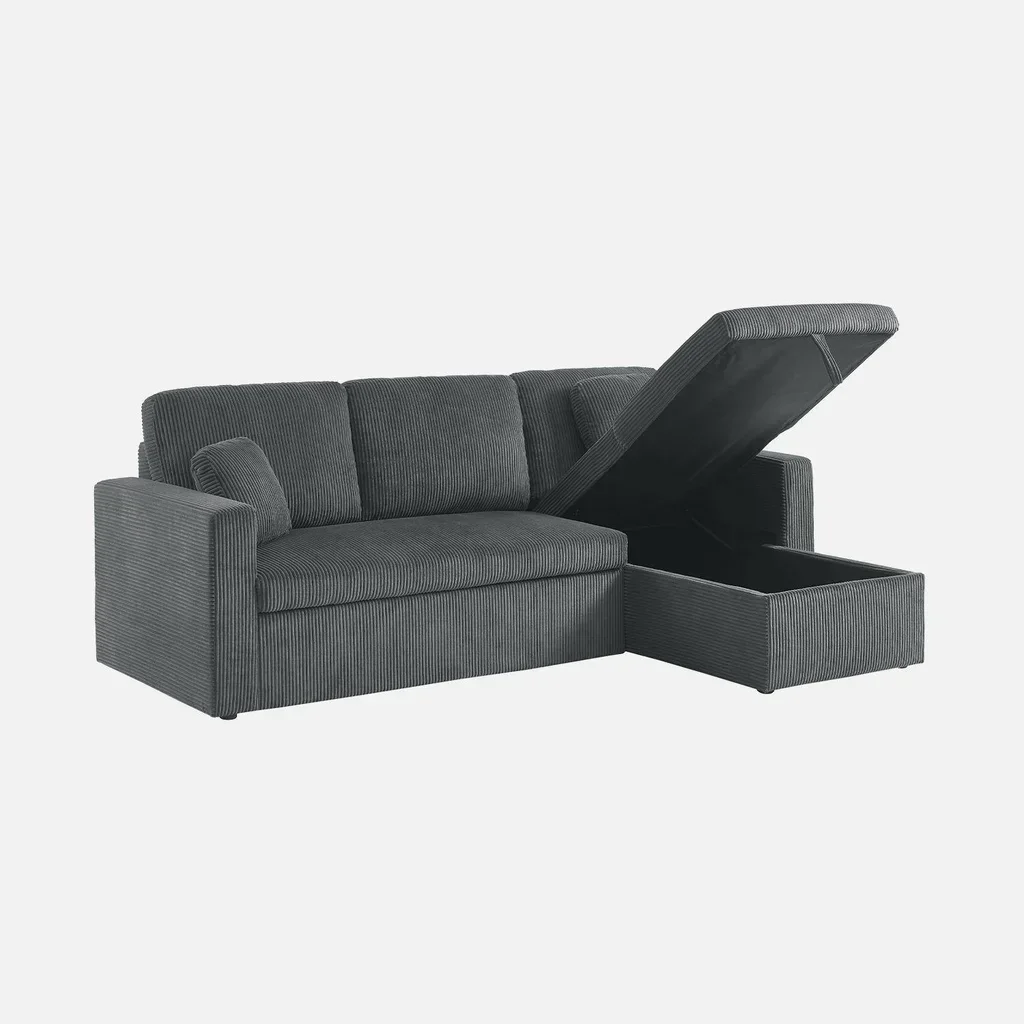 Ecksofa mit Schlaffunktion 3-Sitzer Cord Samt Greige mit Bettkasten Wohnlandschaft