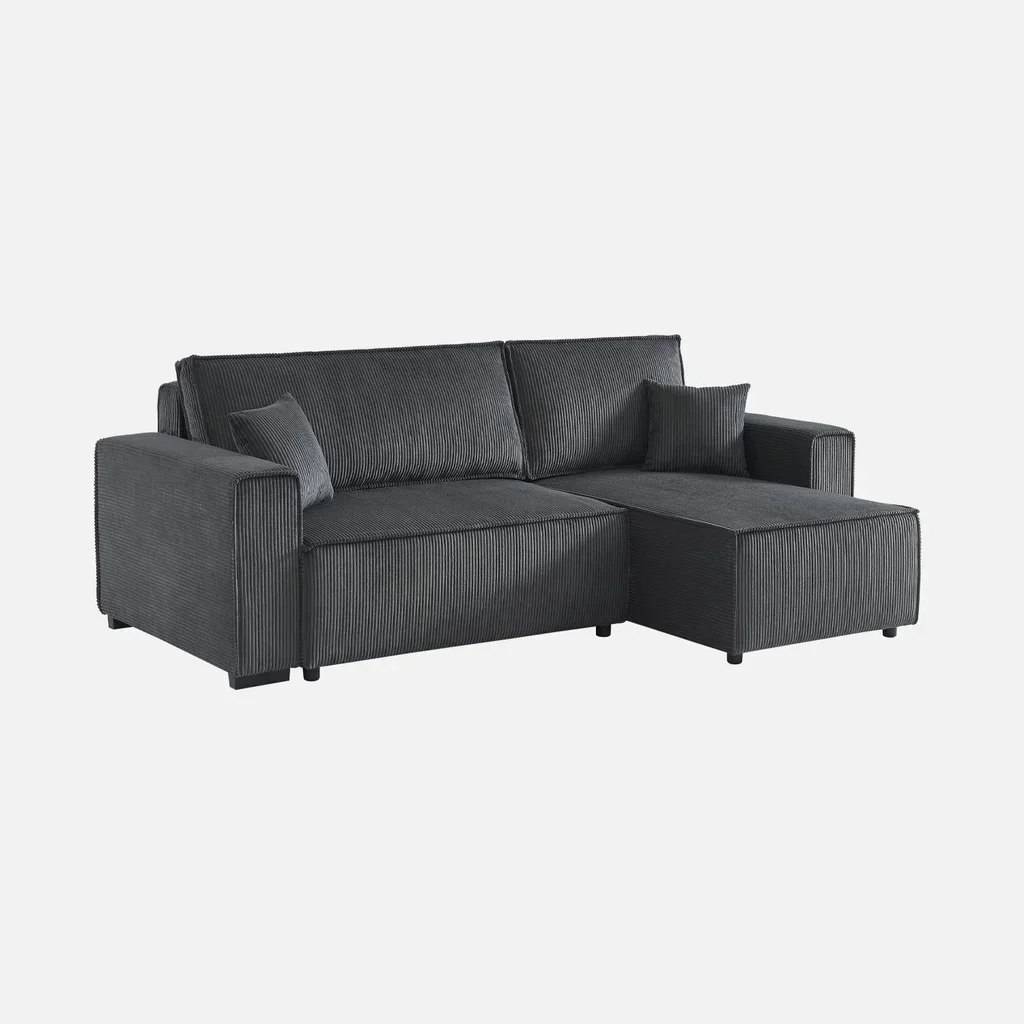 Dunkelgraues Cord-Samt Ecksofa mit Schlaffunktion 3-Sitzer Wendehocker