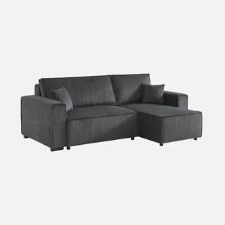 Dunkelgraues Cord-Samt Ecksofa mit Schlaffunktion 3-Sitzer Wendehocker