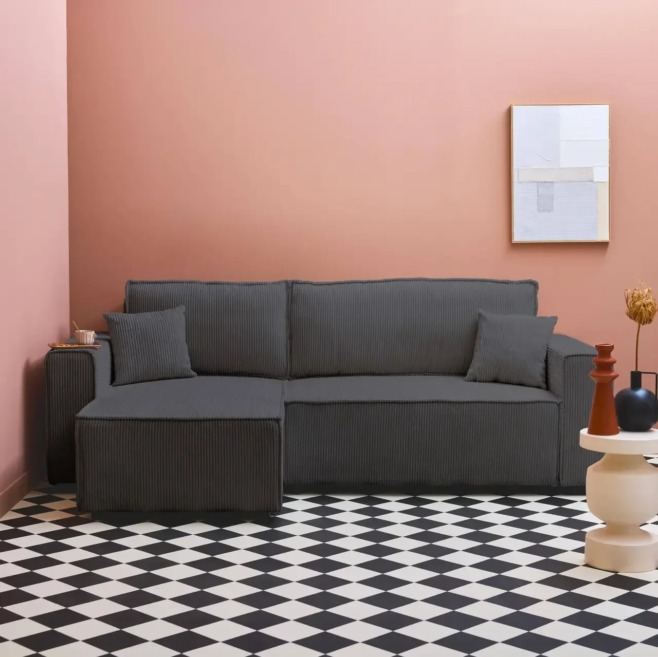 Dunkelgraues Cord-Samt Ecksofa mit Schlaffunktion 3-Sitzer Wendehocker