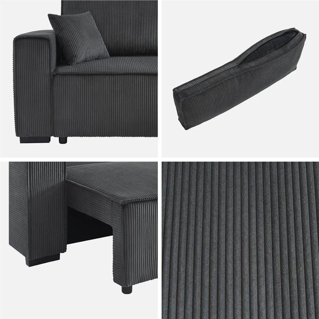 Dunkelgraues Cord-Samt Ecksofa mit Schlaffunktion 3-Sitzer Wendehocker