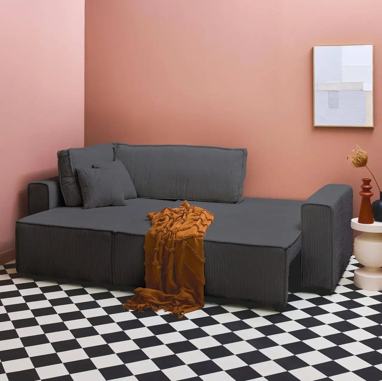 Dunkelgraues Cord-Samt Ecksofa mit Schlaffunktion 3-Sitzer Wendehocker