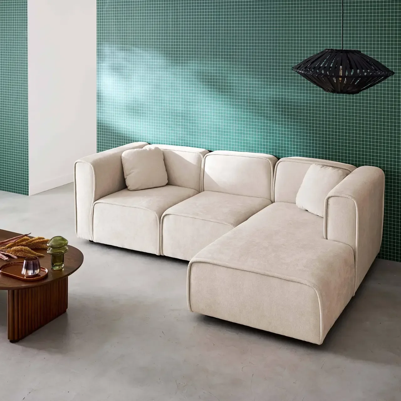 Canapé d'angle droit 3 places tissu contemporain avec méridienne confort