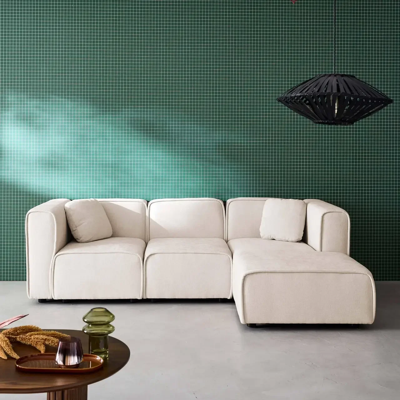 Canapé d'angle droit 3 places tissu contemporain avec méridienne confort