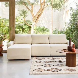 Sofá de canto esquerdo 3 lugares tecido branco quebrado madeira chaise longue